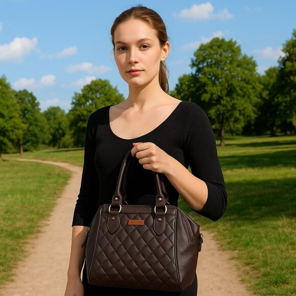 Vegan Leather Women’s Brown Handbag – Top Handle Satchel with Crossbody Strap - Picture 2 of 11